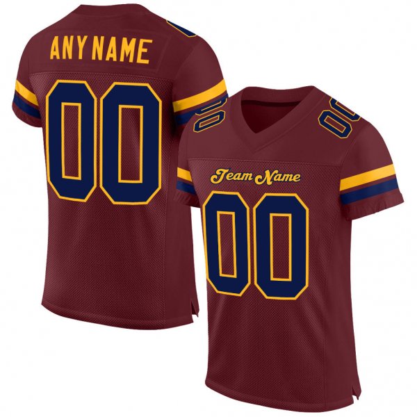 Custom Burgundy Navy-Gold Mesh Authentic Football Jersey